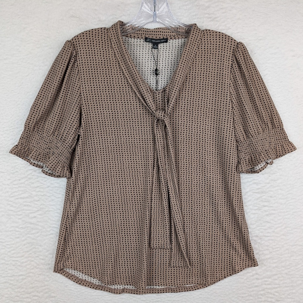 NWT Adrianna Papell Smocked Sleeve Tie Neck Top Size Small Cocoa Black Polka Dot